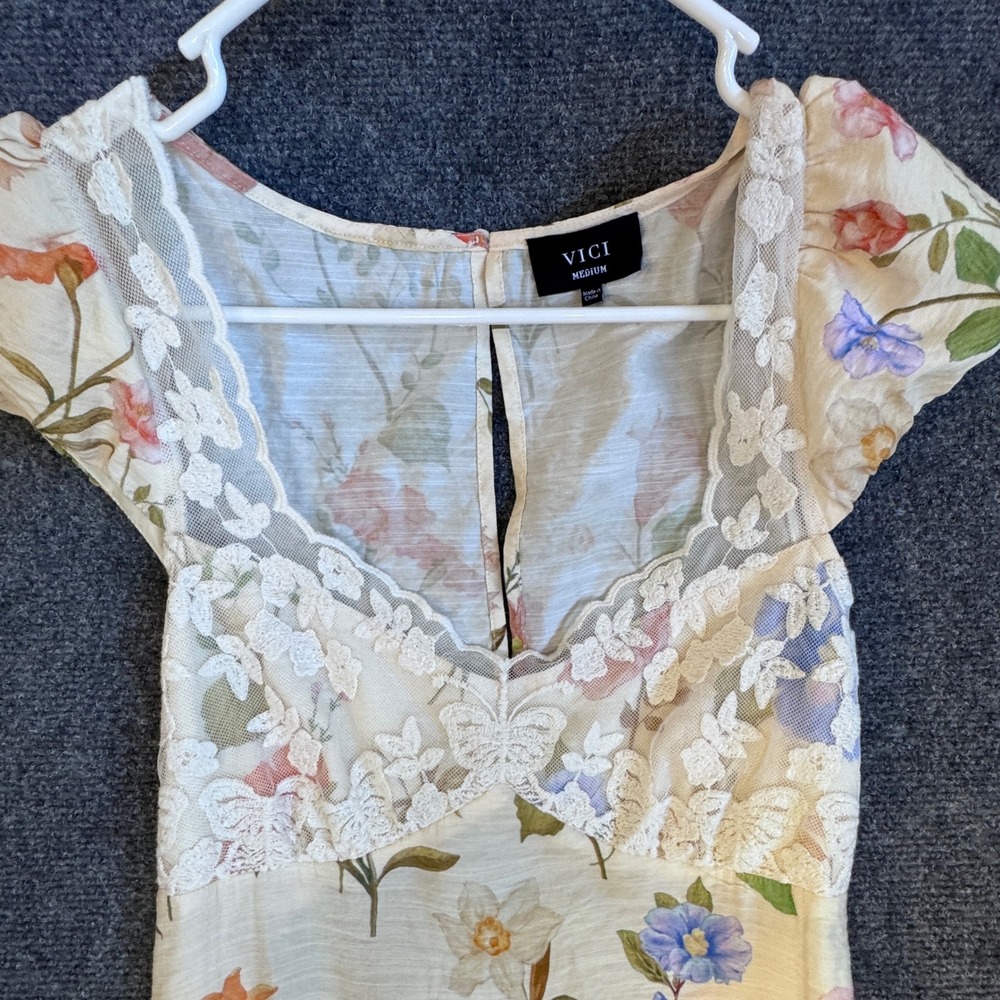 VICI Floral Lace Bodice Open Back Maxi Dress Cream Blue Orange Womens Medium - Picture 3 of 8